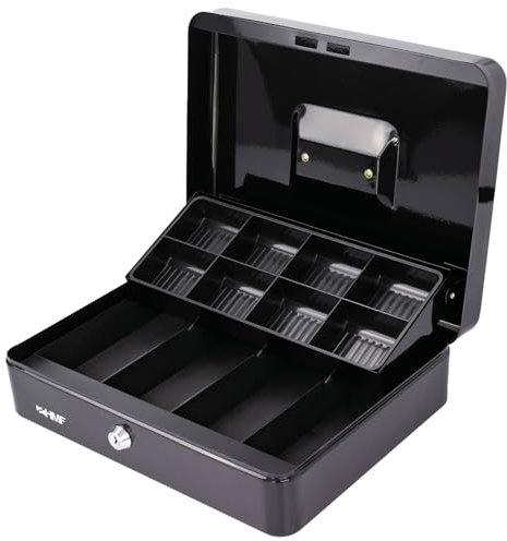 HMF Geldkassette abschließbar, Kasse mit 8 Münzfächern und 4 Geldscheinmulden, 30 x 24 x 9 cm | schwarz