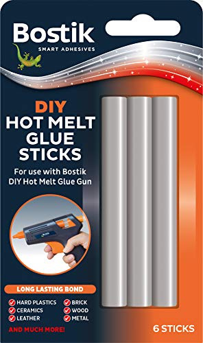 6 Packs of Bostik DIY hot melt glue gun replacement glue sticks 6 sticks per pack. Size 100mm long x 11mm diameter 80712