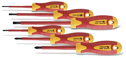 HÖGERT TECHNIK Set di 6 cacciaviti isolati magnetici con impugnatura antiscivolo, cacciavite a croce e cacciavite a testa piatta, 1000 V, STAL S2, rosso/giallo