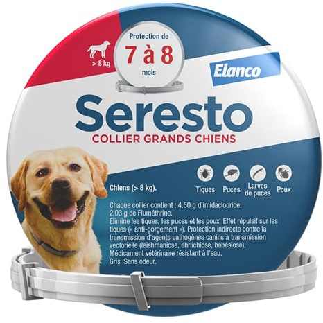 Seresto Collier Grands Chiens – Collier anti puces et anti tiques pour grands chiens de plus de 8 kg – Protection Seresto pour 7 à 8 mois de protection, réduit le risque de leishmaniose – Gris