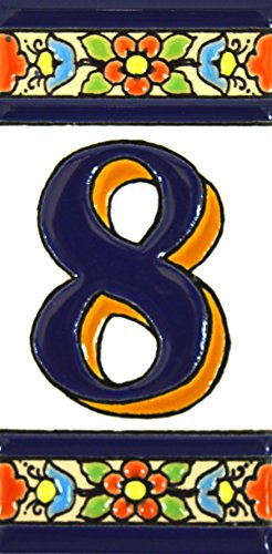 Números casa. Letreros con numeros y letras en azulejo de ceramica policromada, pintados a mano en técnica cuerda seca para placas con nombres, direcciones y señaléctica. Texto personalizable. Diseño FLORES MEDIANO 10,9 cm x 5,4 cm. (NUMERO OCHO 8)