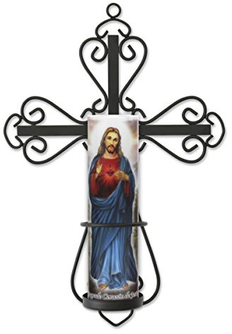 Stonebriar Decorative Scrolled Metal Cross Wall Sconce with Jesus LED Candle, Religious Gift Ideas for Friends and Family
