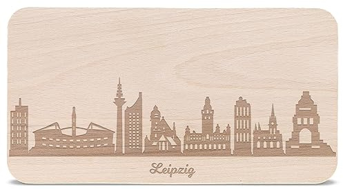 GRAVURZEILE Frühstücksbrettchen mit Gravur - Skyline Leipzig - Holz Schneidebrett Vesperbrett Brotzeitbrett - Geschenk für Stadtverliebte - Ideal auch als Souvenir