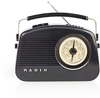 Nedis Retro DAB+ Radio Portable with Carrying Handle, FM/AM Radio Receiver with Display, AUX for Smartphone and 3.5 mm for Headphones, Battery and AC Power, 5.4 W, Black