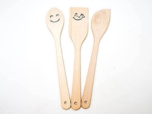 JOWE 3 Ustensiles de cuisine ein bois avec Motif Bonne Humeur - Cuillères et spatules de cuisine en bois d´hêtre