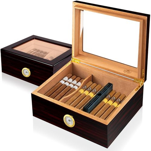 Slege Zigarren Humidore, Humidor-Zigarren, Spanische Zeder Hölzerne Zigarrenbox,mit Humidor Befeuchter,Hygrometer,Teiler,Männer Geschenk Zigarren Zubehör(30-50 Zigarren) Schwarz