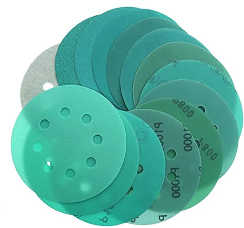 Papel de lija de lijadora 50 hojas de papel de lija de 125 mm de 5 pulgadas de 60 Agua 60 a 2000 Ganchos de grano grueso y bucles de grano grueso verde PET PELICA DE PET DISCOS ABRASIVOS ALOUMINA ABRA