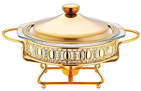 Chafing Dish Set von 2 Stück, Edelstahl Runder Buffetwärmer Tablett Dauerhafter Rahmen mit Deckel und Chafing Treibstoffhalter für Küchenparty Essbuffet,Gold