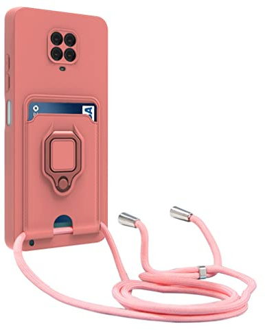 yanasuo Protección de Cámara Funda Compatible con Xiaomi Redmi Note 9S/Note 9 Pro/Note 9 Pro MAX, con Anillo Soporte, Ajustable Collar Correa de Cuello Cordón Carcasa de Silicona-Pink