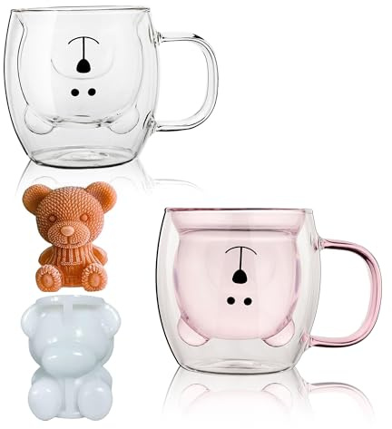 Lot de 2 tasses à café à lait en verre à double paroi avec poignée – Tasse à expresso isotherme – Joli cadeau d'anniversaire pour homme et femme – Motif ours – 250 ml – Blanc rose