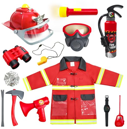 RedCrab Disfraz Bombero para Niños con 12 Accesorios Disfraz de Bomberos Extintor de Juguete Bueno para Cosplay Carnaval 3 4 5 6 7 8 9 10 Años