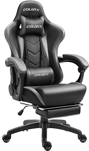 Dowinx Gaming Stuhl Ergonomischer Gamer Stuhl mit Lendenwirbelstütze, PC Bürostuhl Rückenlehne Verstellbarer Drehsessel mit Fußstütze (Schwarz&grau