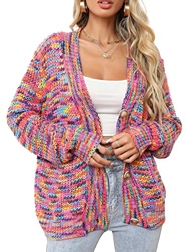 BAIMORE Women's Rainbow Knitted Cardigan Multicolor Striped Button Down Color Block Knit Sweater
