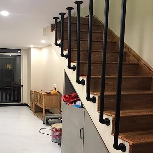 Pasamanos de escalera de metal, pasamanos montados en el techo para escalera, kit de soporte de barandilla de hierro forjado, barandilla de escalera redonda tipo L negra industrial - Negro - 30-150 cm