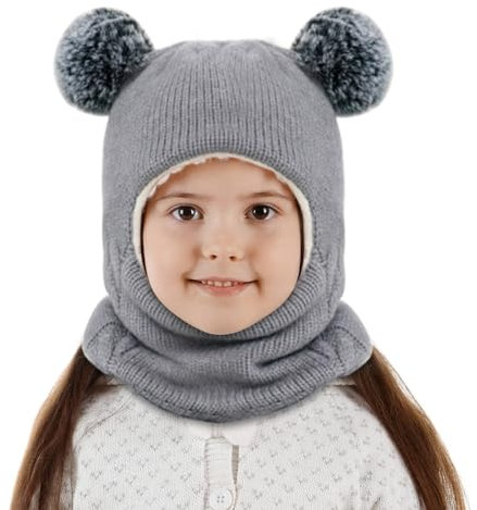 BNGXR Kinder Wintermütze, Mädchen Jungen Warm Strickmütze mit Pompom, Schlupfmütze Baby, Niedlich Wintermütze, für Mädchen und Jungen - Grau