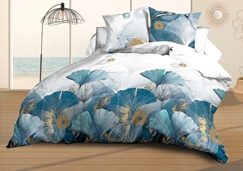 Housse de Couette 240x260 + 2 taies - Microfibre Douce et résistante - Entretien Facile - Ginko, Bleu