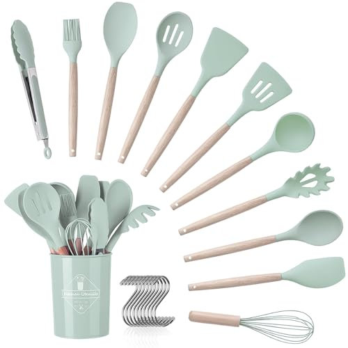 Set de utensilios de cocina, 12 piezas, utensilios de cocina con mango de silicona y madera, saludables, con revestimiento antiadherente, aptos para lavavajillas, diseño resistente al calor.