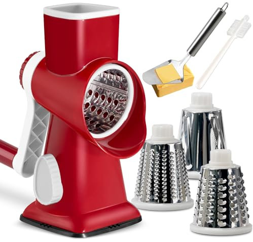 KEOUKE Käsereibe Mit Kurbel Trommelreibe Reibe Mit Griff Gemüse Käse Shredder Slicer Reibe Für Küche 3 Wechselklingen Für Käse Kartoffel Zucchini Nüsse Schokolade (Rot - Weiß)