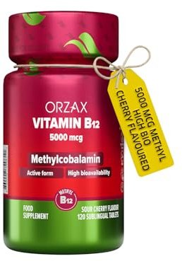 ORZAX Vitamin B12 5000 mcg Methylcobalamin for Memory, Mood, Blood Cell Function, Cardiovascular and Energy Supplement - Cherry Flavored - Vegan & Non-GMO - 120 Sublingual Tablets - 120 Day Supply