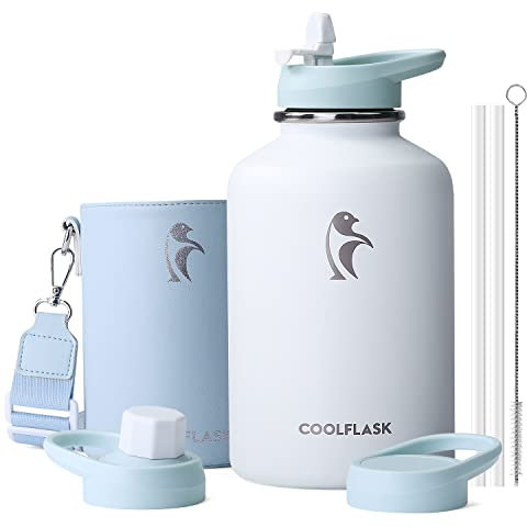 Coolflask 2L Bottiglia d'acqua Isolata con Custodia in Pelle PU, Bottiglia d'acqua in Acciaio Inox con Coperchi a Cannuccia, Bottiglia d'acqua in Metallo, Mantiene Freddo 48h Caldo 24h, Bianco