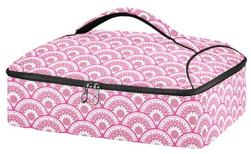 Pink Mandala Casserole Carrier For Hot or Cold Food, Insulated Casserole Dish Carrier Bag with Lid, Food Carrier For Travel Party Picnic Tote Bag