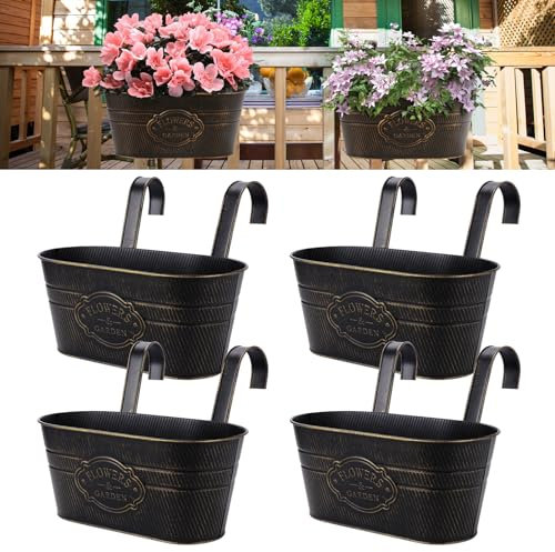 Fippy 4PCS Large Hanging Flower Pots, Metal Hanging Planter Pots with Detachable Hook, Fence Hanging Plant Pots for Balcony Railing Garden Decor (Vintage)