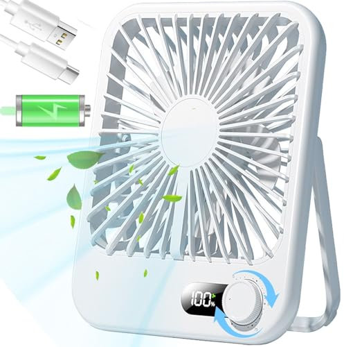 Fenxyo Rechargeable Desk Fan, Quiet Noiseless 3000mAh USB Fan with LCD Screen, Mini Portable Travel Fan Foldable, Adjustable Wind-Speed Cooling Fan for Table Desktop Outdoor Office, White