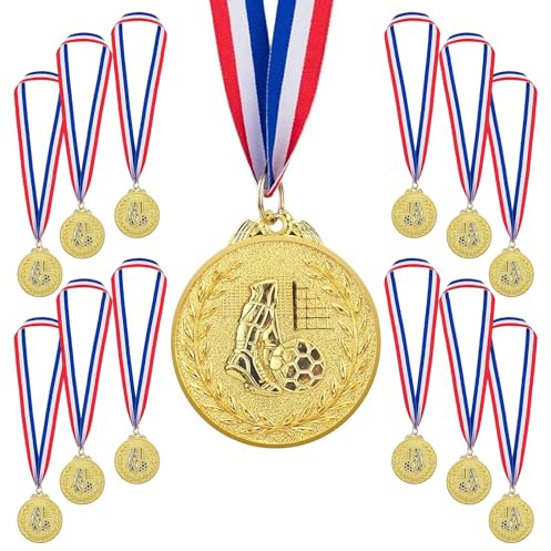 JKYVAA 12 Pcs Football Medals for Kids Gold Medal with Tricolour Nylon Ribbon Metal Medals for Children Football Party Favours Prizes Awards