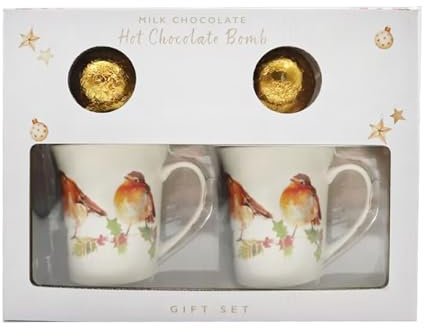 Lesser & Pavey Christmas Winter Robins Set of 2 Mugs with Hot Chocolate Bombs - Gift Idea for Christmas Xmas - Robin Themed, Ceramic, 300ml