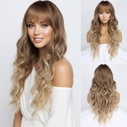 SIMKAYLEE Gewellt Perücke Blond Locken Lang Damen Ombre Blonde Perücke mit Pony Wellig Synthetische Ash Blonde Langhaar Perrücken Frauen für Den Alltag Karneval Fasching Cosplay Long Wavy Wig (66 cm)