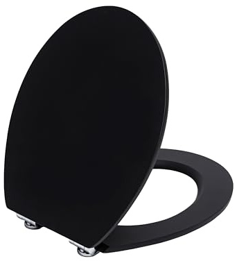 TODOT Abattant WC avec Frein de Chute Silencieux, Lunette de Toilette en Bois MDF, Revêtement Caoutchouc Doux au Toucher, Charnières Ajustables, Compatible Cuvette O, Capacité jusqu'à 175 kg (Noir)