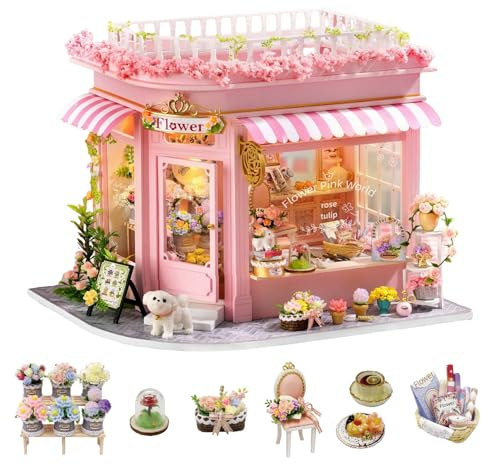 CUTEROOM DIY Puppenhaus-Bausatz aus Holz – Kreatives Miniatur Puppenhäuser-Set für Erwachsene – Flower Pink World Design