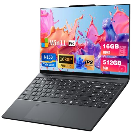 DUNHOO Laptop, 15.6 inch Laptops with N150 Processor(Beat to i3-1115G4, up to 3.6GHz), Gaming Laptop 16GB RAM 512GB SSD, Laptops Computer Metal Shell, Fingerprint Unlock, MINI HDMI, Win 11 Pro System