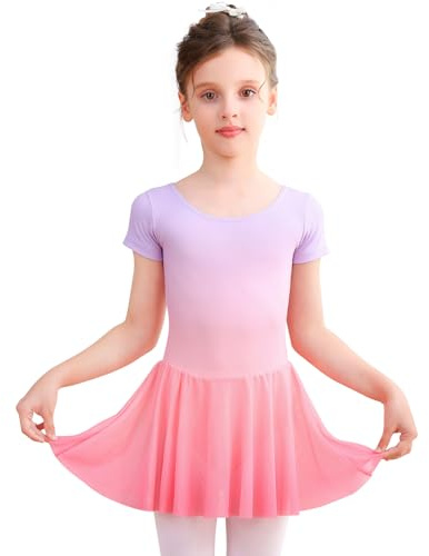 Bezioner Body Danza con Tutu Danza Classica Bambina Manica Corta Vestito Balletto Ragazze Abiti da Balletto Gradient Rosa 100 (90-100 cm, 2-3 Años)