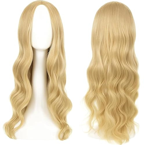 3 Stück Set Lange Gewellt Blond Perücke für Frauen Mädchen, 28’’ Lange Lockige Volle Haar Gewellt Hitzebeständig Perücke Cosplay Kostüm Charmante Perücke für Tägliche Karneval Fasching (2 Haarnetze)