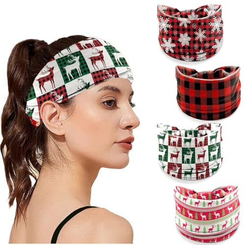 ZORVYN 4er Pack Haarband Damen Weihnachten Breites Stirnband für Frauen Elastisch Stoff Haarreifen Weihnachtsmotiv Kopftuch mit Rentier Schneeflocke