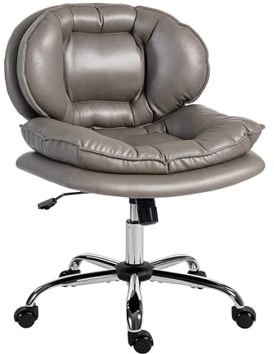 HOMCOM Silla de Oficina Piernas Cruzadas, Silla de Escritorio sin Brazos con Asiento Ancho, Ruedas, Altura Ajustable, Doble Acolchado, Giratoria, Función Basculante, Tapizada en PU, Gris Oscuro