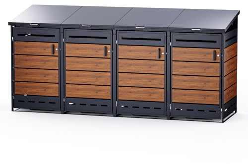 RS Trade Mülltonnenbox 4er für 240 L Tonnen, Outdoor Mülltonnenhaus aus verzinktem Stahl, abschließbare Türen, aufklappbares Dach mit Ketten, wetterfest, Holzoptik V2