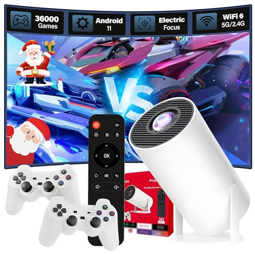 XIXIMENG P30 MAX Mini Projector 36000+ Games 14 Emulators,Game Projector with Controllers,Android 11,H713 Chip Portable Projectors with WiFi & Bluetooth,Auto Focus Keystone,180° Rotation (Red Box)