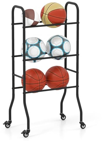 COSTWAY Porta Palloni da Basket a 3 Livelli con Ruote Bloccabili, Rastrelliera per Palloni con Struttura Metallica, Supporto per Palle per Calcio, Pallacanestro e Pallavolo, 52 x 37 x 110 cm
