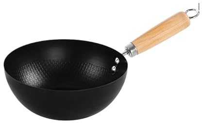 Genérico Mini Wok de acero al carbono, olla cocina clásica 20cm, no inducción/mango madera, sartén Base plana, incluye 1 X chino