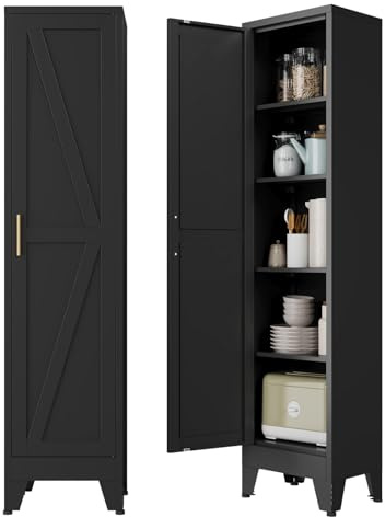 Mehrzweckschrank 40 cm breit, küchenschrank mit 1 Tür, Verstellbarer 5-Stufiger Metallschrank, Vorratsschrank, Allzweckschrank, Schrank Schmal für Küche, Esszimmer, Wohnzimmer und Badezimmer-Schwarz-D