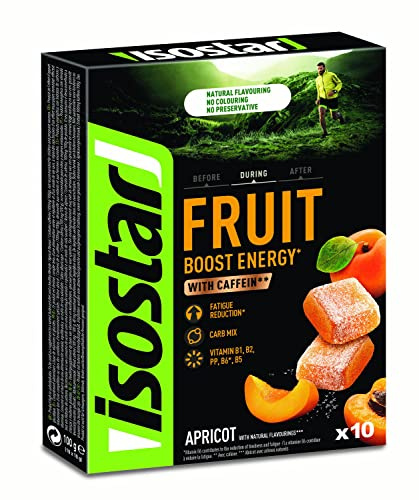 ISOSTAR – Energy Fruit Boost – Pâtes de Fruits Sport saveur Abricot – Réduction Fatigue – Avec Caféine – Arôme Naturel – Sans Colorant – Sans Conservateur – 1 Boîte de 10 Carrés (10 x 10 g)