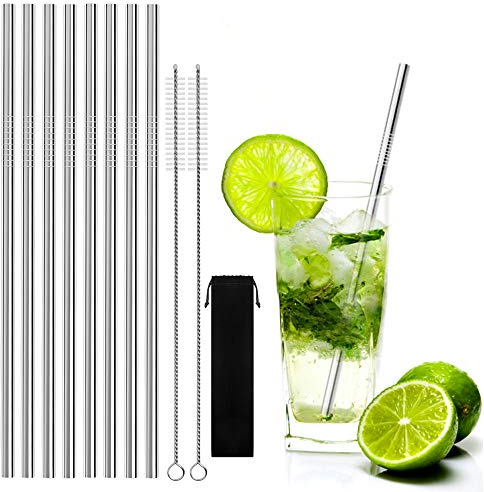 YOCZOX 11 PCS Reusable Stainless Steel Drinking Straws for Juice Cocktails | Food grade Stainless Steel, FDA approved, tasteless, round smooth edges, 2 free cleaning brushes, eco-friendly reusable, 30oz