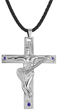 AFSTALR Johnny Hallyday Collier Femme Homme Argent Pendentif Croix Guitare en Acier Inoxydable Cadeau Souvenir Fan- JH Signature Design JH12
