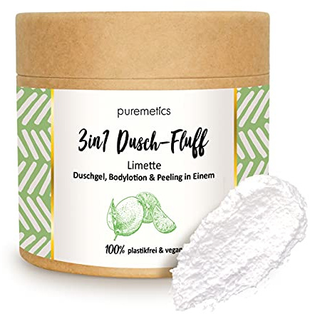 puremetics 3in1 Dusch-Fluff Limette mit Salzpeeling, 250g Duschgel, Peeling und Lotion in Einem, vegan und plastikfrei