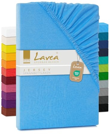 Lavea® Jersey Spannbettlaken, Spannbetttuch, Serie Maya, 100% Baumwolle, hochwertige Verarbeitung, mit Gummizug und OekoTex101-200x220 cm, Himmelblau