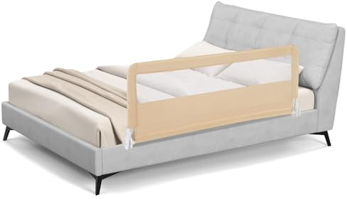 COSTWAY 150 cm Sponda da Letto per Bambini, Barra Protettiva Pieghevole per Letto con Copertura Removibile, Rete Traspirante, Barriera Universale Abbattibile, 150 x 55 cm (Beige)