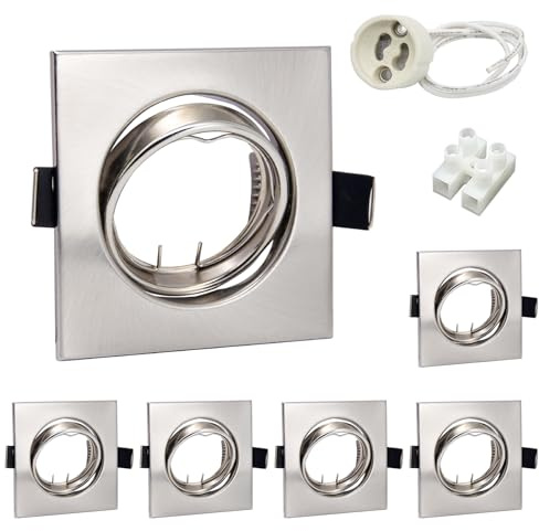 Wondlumi 6er LED Einbaustrahler Rahmen GU10 68mm Edelstahl Gebürstet Eckig | Einbaurahmen GU10 Rund LED Spots 230V Schwenkbar Wohnzimmer Schlafzimmer Küche Flur inkl. Fassung für LED oder Halogen