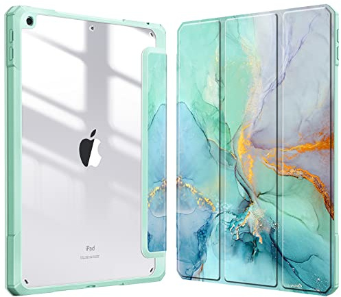 FINTIE Hybrid Case for iPad 9th / 8th / 7th Gen (2021/2020/2019) 10.2 Inch | Shockproof Clear Cover, Built-in Pencil Holder, Auto Wake/Sleep, Emerald Marble